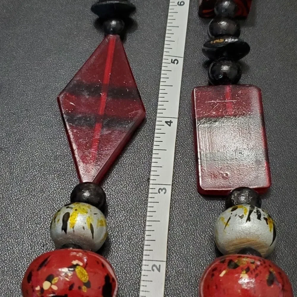 Red and black painted wood bead necklace 28